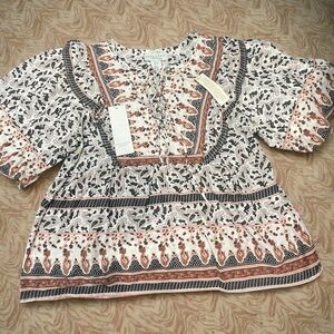 Calypso St Barth Womens Quilted Mixed Print Top Large Lace Up Puff Size S